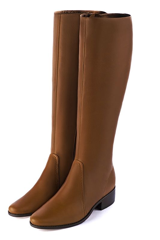 Caramel brown women's riding knee-high boots. Round toe. Low leather soles. Made to measure. Front view - Florence KOOIJMAN